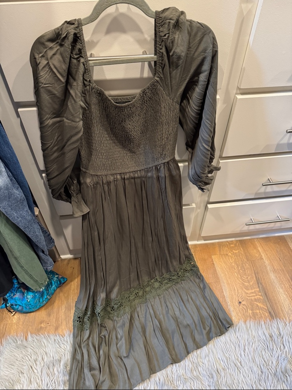 Smocked Waist Maxi Dress in Olive with Puff Sleeves
